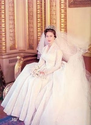 Princess Margaret and Anthony Armstrong Jones wed in 1960 wearing a Poltimore Tiara and gown by Norman Hartnell.jpg